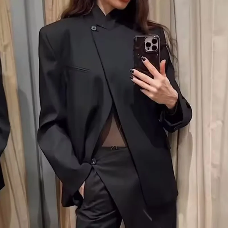여성용 정장 코트 신상 긴 소매 포켓 스탠드 칼라 출퇴근용 블레이저 2026년 봄 신상 패션 캐주얼 여성복