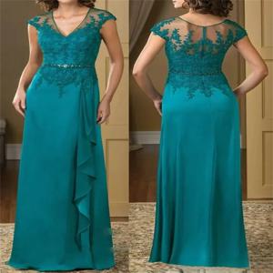 A 라인 레이스 바닥 길이 신부 어머니 드레스, 터키석 아플리케 쉬폰 반팔 러플 벨트, 우아한 2023 플러스 사이즈