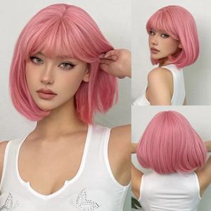 여성용 짧은 스트레이트 밥 합성 가발, 앞머리 핑크 천연 헤어 가발, 코스프레 귀여운 가발, 내열성 섬유