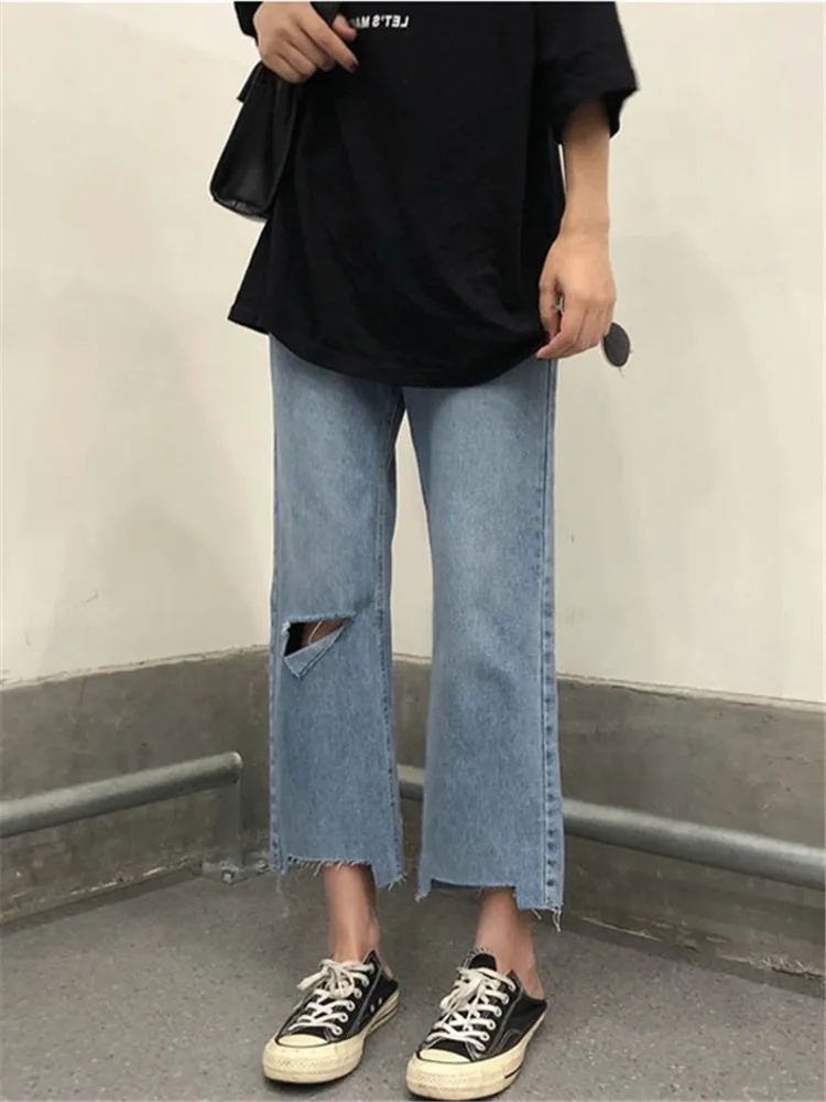 하이웨이스트 플러스 사이즈 데님 진 여성용 루즈핏 스트레이트 레그 팬츠, 홀 디자인 나인 포인트 와이드 레그 팬츠 (배형 체형용)