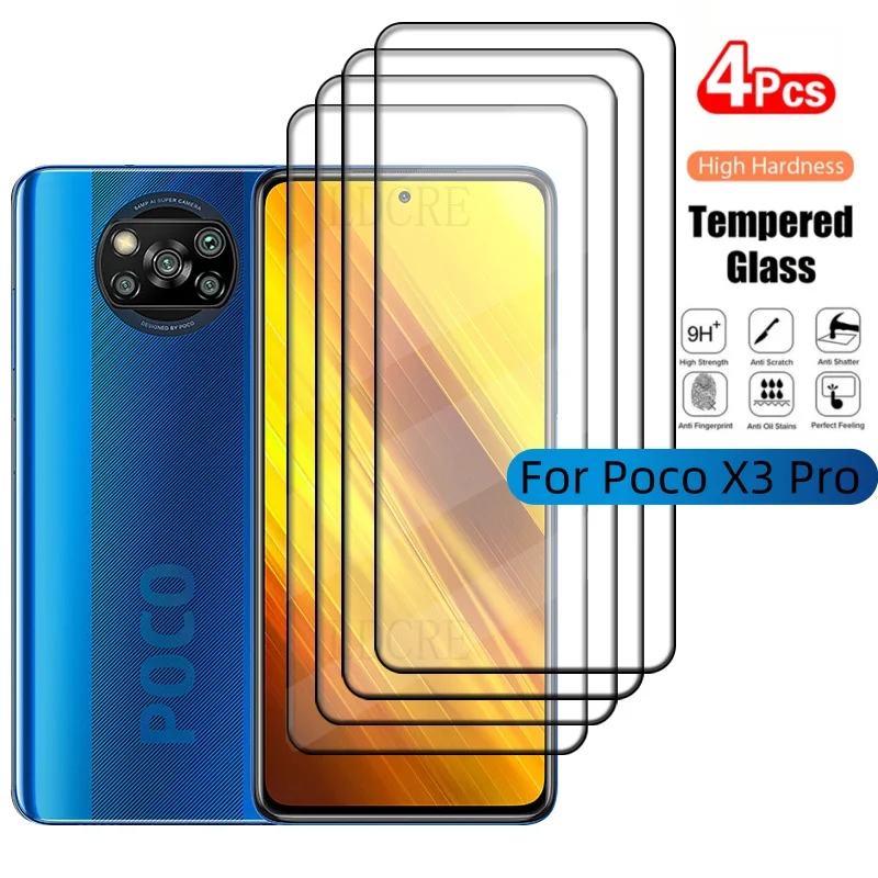 Poco X3 Pro 유리 용 4Pcs Poco X3 Pro 강화 유리 전체 커버 접착제 9H HD 화면 보호기 Xiaomi PocoX3 Poco X3 Pro Glass