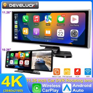 10/11.26 인치 대시 캠 4K 자동차 DVR 무선 Carplay 및 안드로이드 자동 GPS 네비게이션 비디오 레코더 대시 보드 듀얼 렌즈 Wifi FM AUX