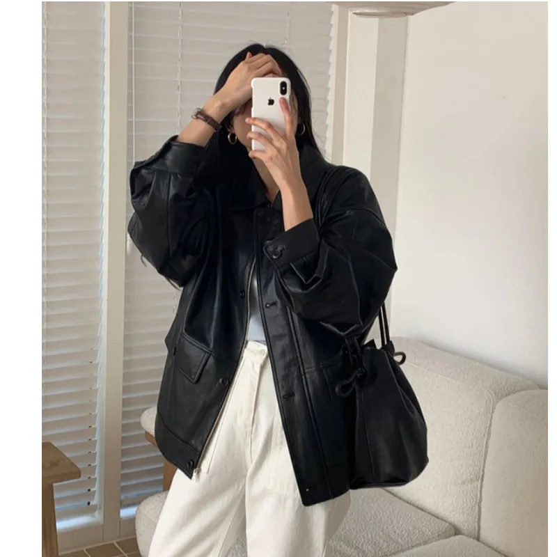 가을 신상 여성 캐주얼 지퍼 포켓 루즈 슬림 PU 가죽 재킷 코트 긴팔 루즈핏 패셔너블 아우터 코트