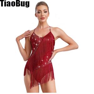 여성 라틴 댄스 레오타드 민소매 홀터넥 넥 라인 석 장식 된 등받이 술 레오타드 공연 경쟁