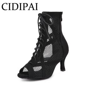 여성용 메쉬 레오파드 프린트 라틴 댄스 슈즈 피쉬 입 하이 탑 탱고 폴 댄스 부츠 하이힐 블랙 스웨이드 댄스 샌들