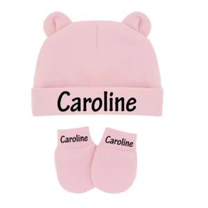 개인화 된 신생아 아기 비니 귀여운 아기 이름 모자와 귀가있는 장갑 코튼 스트레치 소년 소녀 따뜻한 모자 장갑 샤워 선물