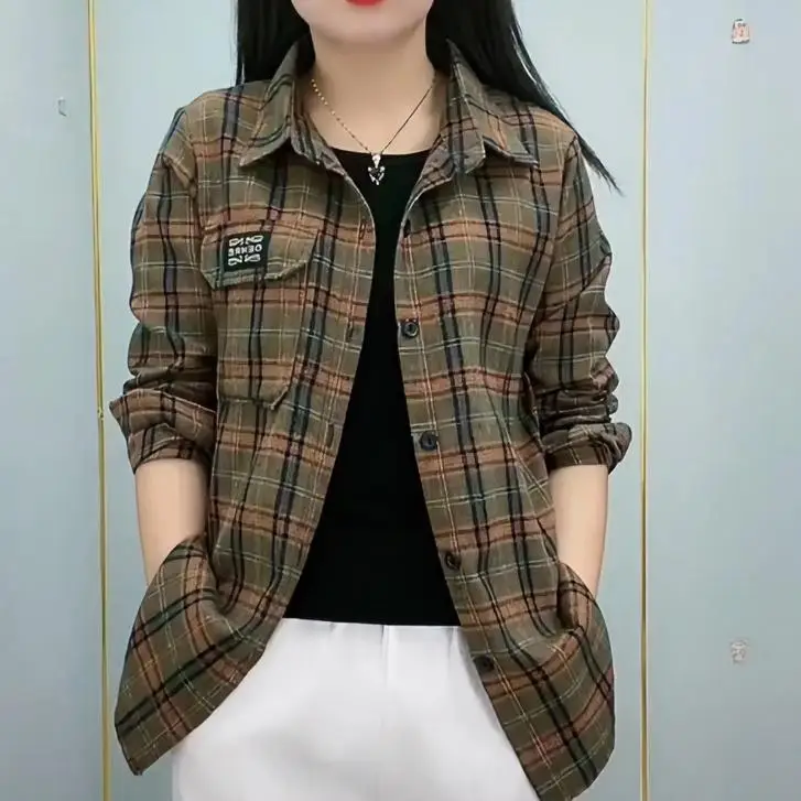 자외선 차단 긴팔 면 셔츠 캐주얼 체크 여성 상의 엄마 셔츠 중년 여성 패션 가을 2025