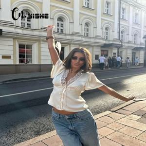 CNYISHE 레이스 패치워크 솔리드 반팔 여성용 V넥 시스 패션 티셔츠 섹시 클럽 티셔츠 우아한 캐주얼