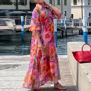 플러스 사이즈 여성용 턴다운 칼라 플라워 프린트 롱 드레스 보헤미안 비치 휴가 드레스 여성 캐주얼 하프 슬리브 루즈핏