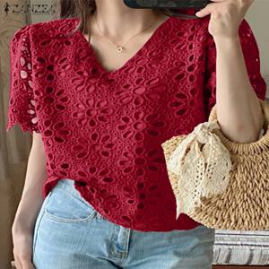 ZANZEA 여름 패션 수 놓은 Openwork 블라우스 여성 캐주얼 v 넥 짧은 소매 속이 빈 레이스 Blusas Mujer Solid Chemises