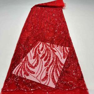 2025 고품질 아프리카 나이지리아 우아한 비즈 자수 원단 프랑스 튤 레이스 원단 스팽글 파티 웨딩용