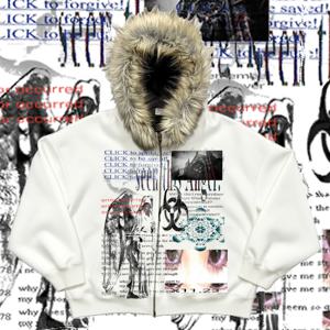 Y2k 요소 공포 패러디 플러시 두꺼운 따뜻한 모피 칼라 후드 스웨터 게으른 카디건 플러시 커플 이모 가을과 겨울 코트