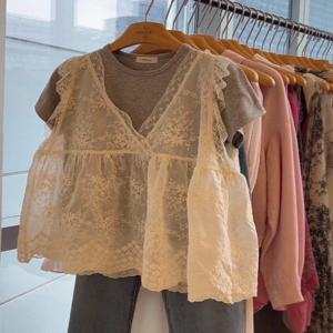 한국 스타일 레이스 조끼 반팔 라운드 넥 통근 여성 여름 패션 탑 통기성 루즈핏 솔리드 컬러 셔츠