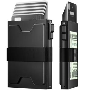 남성용 슬림 카드 홀더 지갑, RFID 차단 미니멀리스트 남성용 지갑, 현금 밴드가 있는 금속 팝업 지갑