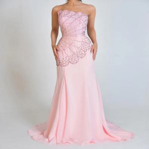 맞춤형 정교한 패션 쉬폰 라인스톤 비딩 스트레이트 스트랩리스 롱 드레스 맞춤형 행사 드레스 포멀 클래식