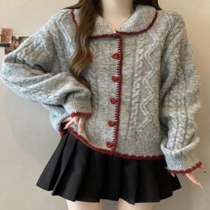 스위트 레이지 컬러 블록 니트 긴팔 스웨터 가디건 인형 칼라 트위스트 원사 아우터웨어 봄 가을 루즈핏 싱글 버튼