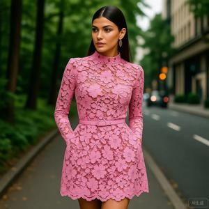 핑크 레이스 반소매 하이넥 A라인 드레스(벨트 포함) – 파티 웨딩 칵테일 드레스 긴 소매 하이넥 에버 프리티