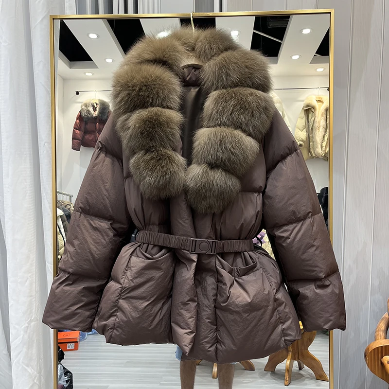 럭스 폭스 퍼 칼라 다운 재킷 여성용 중간 길이 허리 조임 패션 따뜻한 외투 출퇴근 스타일 한국 버전
