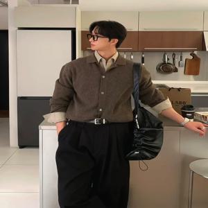 한국 스타일 니트 긴팔 폴로 셔츠 코트 코어 스피닝 원사 슬림핏 칼라 캐주얼 작업복 싱글 버튼 아우터 남성용