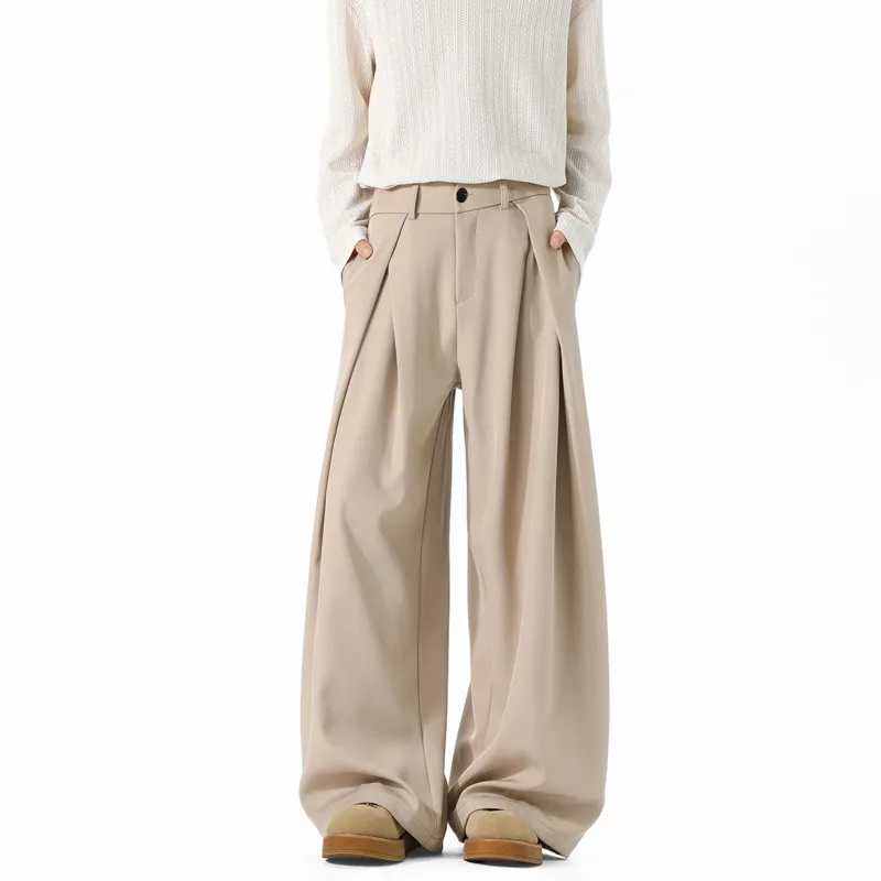 오버사이즈 정장 바지 남성 패션 사회 남성용 블랙 드레스 팬츠 한국식 루즈 와이드 레그 팬츠 남성용 오피스 정장 바지 S-3XL