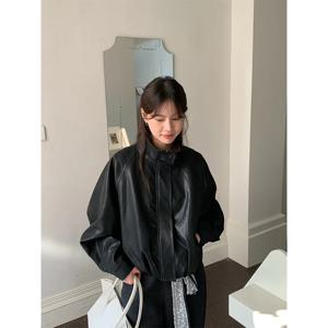 블랙 PU 가죽 재킷 여성 스트리트웨어 스탠드 칼라 모터사이클 코트 가을 하라주쿠 한국식 지퍼 긴팔 아우터웨어 신상품