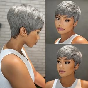 여성용 브라질리언 그레이 인모 가발 - 풀 머신 메이드 가발 짧은 스트레이트 레이어드 픽시컷, 자연스러운 웨이브