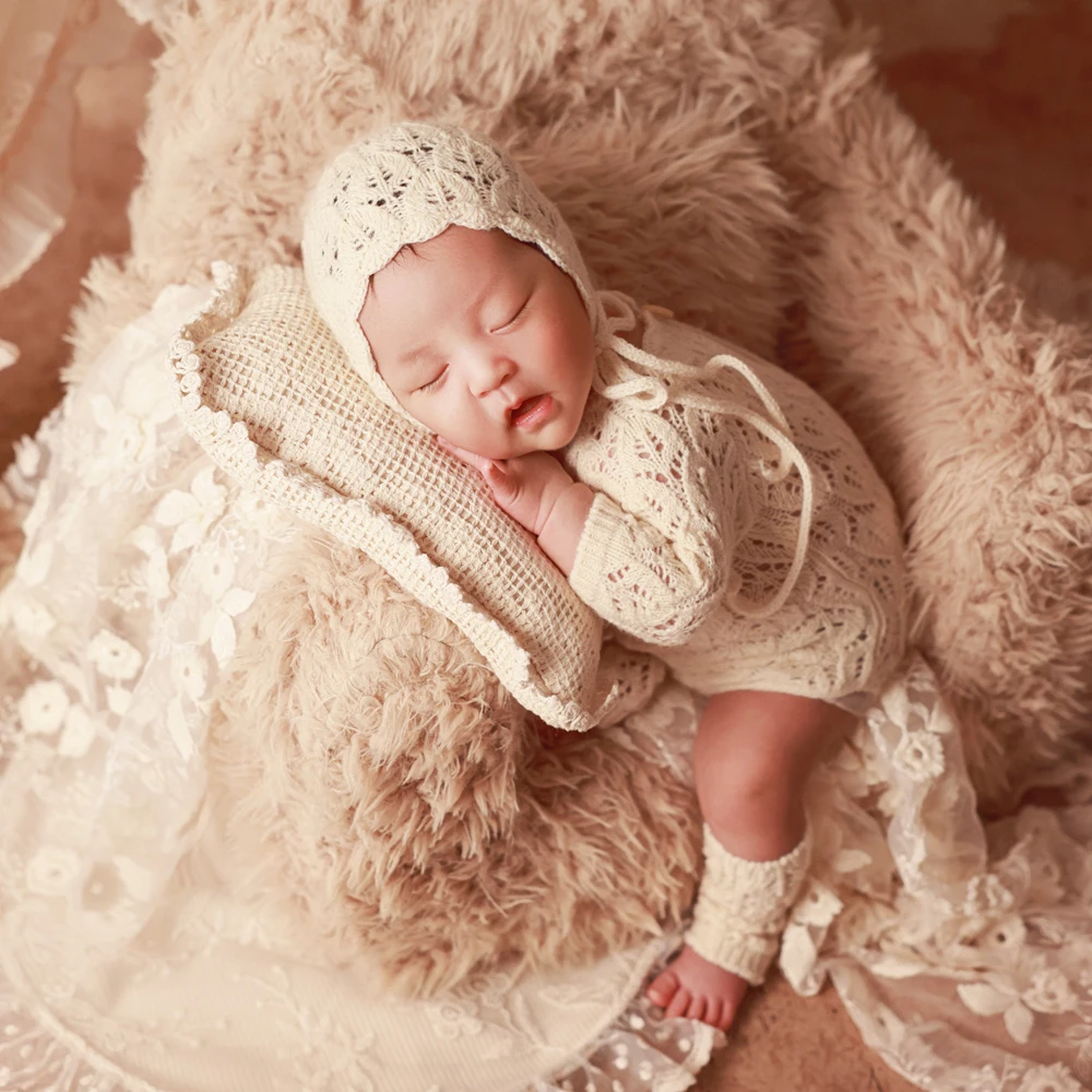 니트 신생아 사진 촬영 의상 베이지색 유아 여아 바디수트 러플 보닛 레그 워머 신생아 사진 촬영 의류 아기 의상