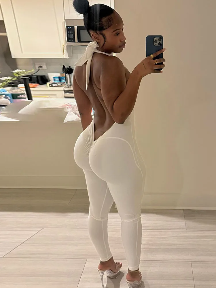 시스터린다 Y2K 섹시 피치 힙 점프수트 여성 백리스 홀터 슬리브리스 피트니스 스키니 스트레치 스트리트웨어 활동복