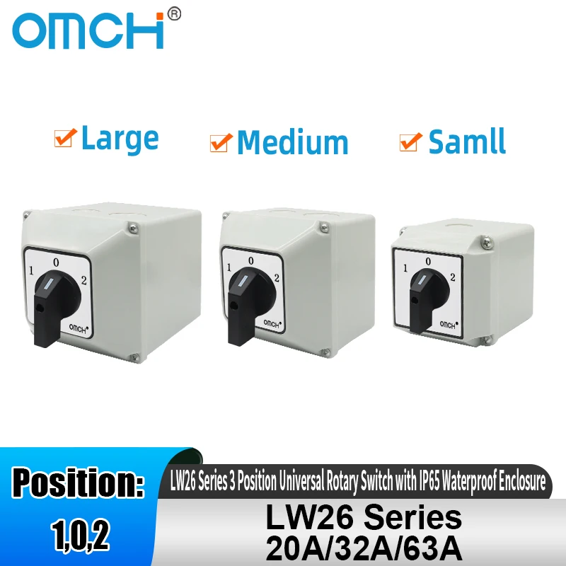 OMCH 1PCS LW26 시리즈 3단계 범용 로터리 스위치 IP65 방수 케이스 20A/32A/63A 1/2/3/4폴 스위치