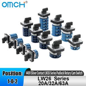 OMCH 1PCS 실버 접점 LW26-20/32/63 범용 스위치 3 위치 1-0-2 1/2/3/4 극 440V 4/8/12/16 터미널 로터리 캠 스위치