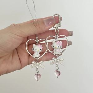 헬로 키티 귀여운 고양이 러브 비즈 카와이 장식 휴대폰 체인 키체인 리본 러브 펜던트 소녀들을 위한 생일 선물
