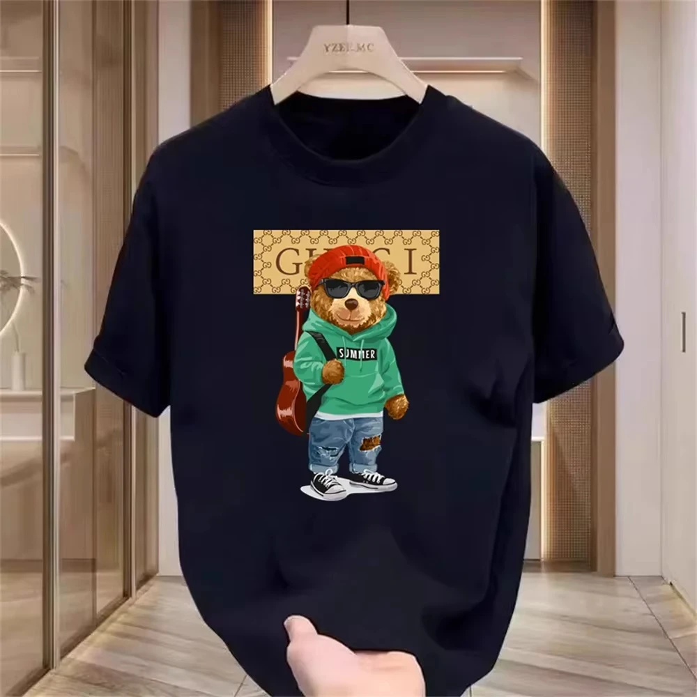 여름 럭셔리 남성용 체크무늬 곰 프린트 티셔츠 순면 크루넥 캐주얼 트렌드 Y2K 고품질 패션 탑 2026년용