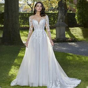 매력적인 긴 소매 스쿠프 넥라인 레이스 아플리케 백리스 A라인 웨딩 드레스 맞춤 제작 2026 베스티도 데 노이발
