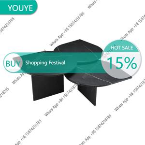 이탈리아 디자인 블랙 대리석 커피 테이블 세트 - 잎 모양 네스팅 테이블, 거실 장식용 고급 3단 소파 사이드 테이블