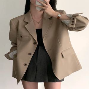 우아한 빈티지 스타일 싱글 버튼 긴소매 수트 재킷 루즈핏 캐주얼 여성 패션 봄 아우터 시크 오피스룩