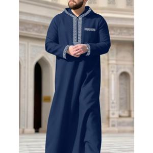 새로운 무슬림 남성용 긴 로브, 이슬람 후드 민족 의상, 우아한 레트로 중동 자수 남성용 심플 캐주얼 긴 로브