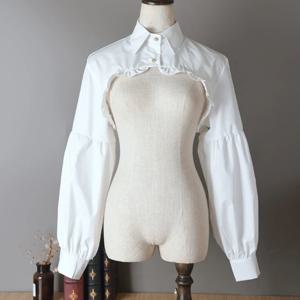 여성 퍼프 긴 소매 하프 탑 블라우스 프릴 가장자리 골든 버튼 분리형 가짜 칼라 겨울 스웨터 장식, 여성 퍼프 의류 긴팔 블라우스