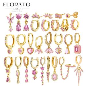 고급스러운 기하학 925 스털링 실버 귀 바늘 핑크 시리즈 지르콘 펜던트 후프 귀걸이 달콤한 패션 웨딩 쥬얼리 선물