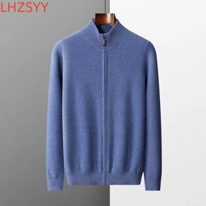 LHZSYY 남성용 캐시미어 니트 가디건, 중년 스탠드업 칼라 집업 코트, 100% 순수 울, 두꺼운 스웨터, 가을, 겨울