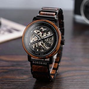 기계식 시계 BOBO BIRD 새로운 최고 비즈니스 남성 새겨진 나무 시계 나무 자동 손목 시계 로고 맞춤 크리스마스 선물