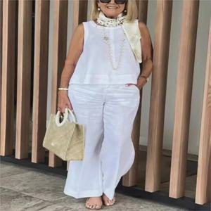 간단한 코튼 린넨 여성 정장 여름 패션 민소매 느슨한 블라우스 넓은 다리 바지 여성을위한 두 조각 세트 캐주얼 의상