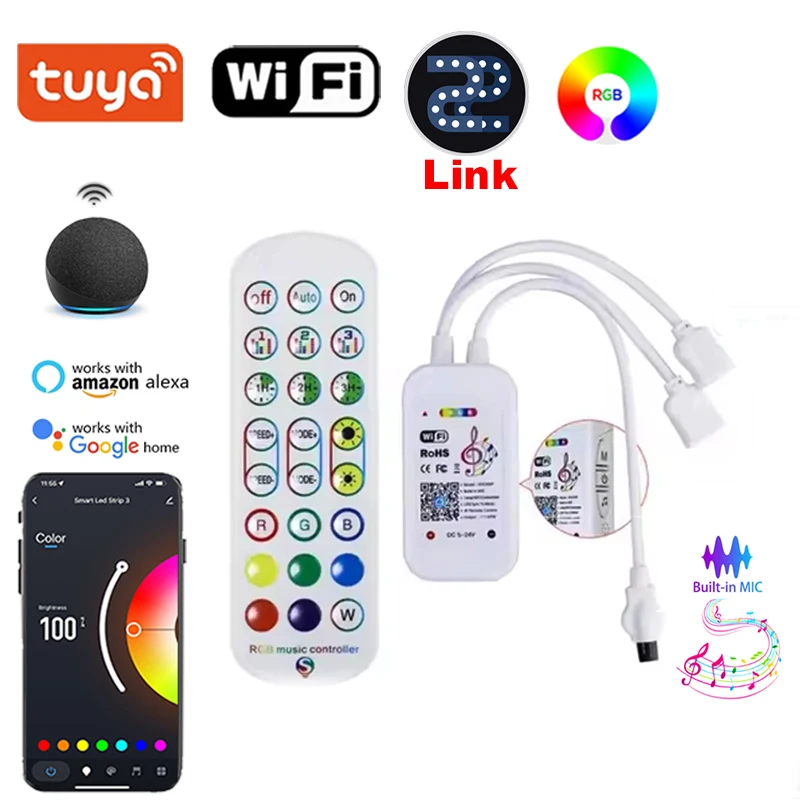 투야 블루투스 와이파이 RGB LED 컨트롤러, 음악 스마트 컨트롤러, LED 스트립, 알렉사, 12V RGB LED 테이프 조명, 4 핀
