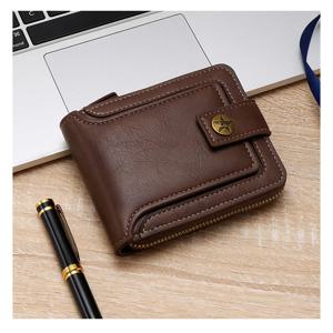 남성용 짧은 수평 지퍼 동전 주머니 3 단 접이식 카드 케이스 지갑, 빈티지 하이 퀄리티 PU 가죽 소형 지갑