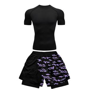 애니메이션 압축 운동복 세트 남성용 피트니스 세트, 속건성 고딕 압축 셔츠 및 하라주크 2 in 1 체육관 반바지, 여름, 2PCs
