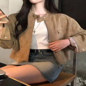 여성용 숏 바이커 재킷 아우터웨어 겨울 2024 신상 레트로 고급스러운 느낌 지퍼 긴팔 탑 레이어드 패션 출퇴근 스타일