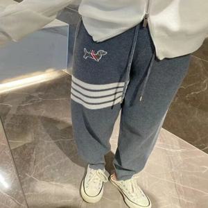 루즈핏 니트 롱 팬츠 하이웨이스트 와이드 레그 통근 스타일 한국 버전 남녀 공용 캐주얼 바지 봄 가을