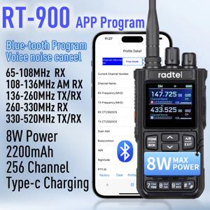 Radtel RT-900 8W 풀 밴드 햄 라디오 워키 토키 256CH 에어 밴드 양방향 라디오 방송국 항공 NOAA 경찰 해양 강 PTT
