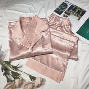 여아용 인조 아이스 실크 잠옷, 여성용 긴팔 레이스 그린 프리미엄 느낌의 달콤한 라운지웨어 투피스 세트, 러브 블루 천