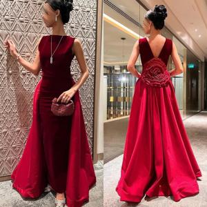 맞춤형 스파클 벨벳 플리츠 수제 꽃 스트레이트 보석 롱 드레스 맞춤형 행사 연예인 중국 스타일 매칭