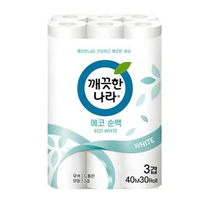 깨끗한나라 부드럽고 깨끗한 3겹 에코 순백 소프트 엠보싱 30m 30롤 화장지 휴지